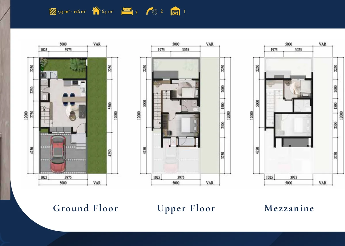 Denah Elvara Hook — Ground Floor · Upper Floor · Mezzanine