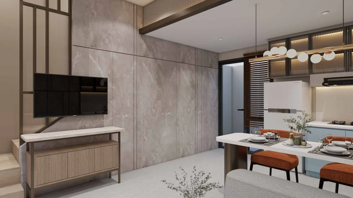 Elvara — Ruang tamu & dapur modern open-plan
